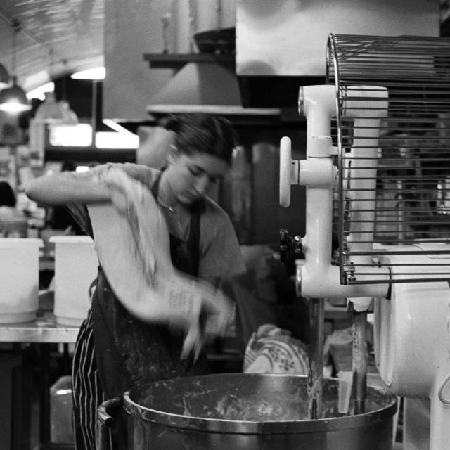 Taking dough out of mixer